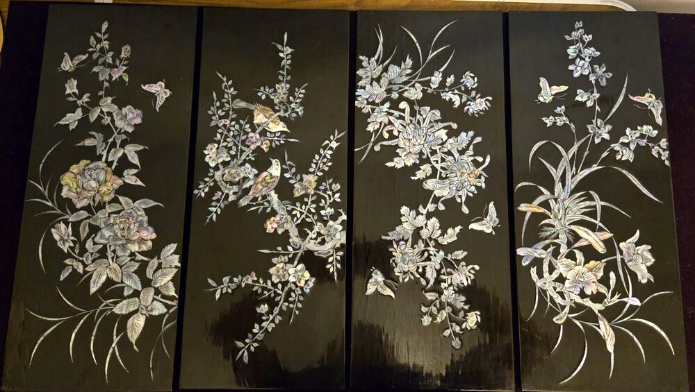 Vintage Asian Black Lacquer Mother of Pearl Inlay Wall Art Panels Set of 4 19.5"